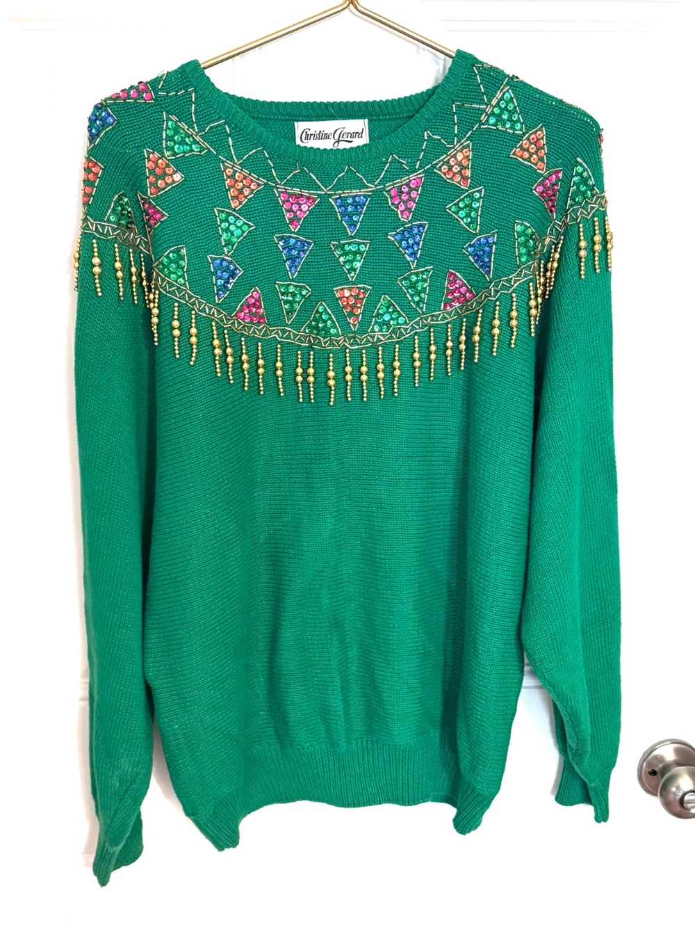 VTG 90s Christine Gerard Green Sequin Beaded Grannycore Festive Sweater Sz Med